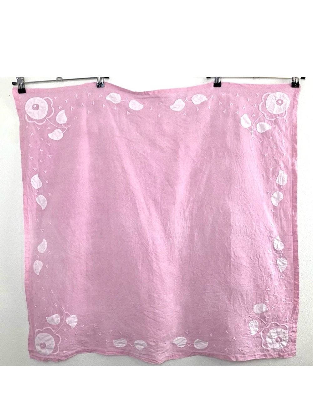Vintage Embroidered & Appliquéd Pink & White Table Cloth